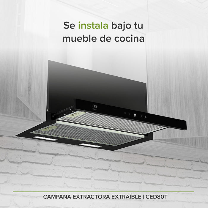 Campana de cocina deslizable se empotra y esconde en gabinete de cocina.