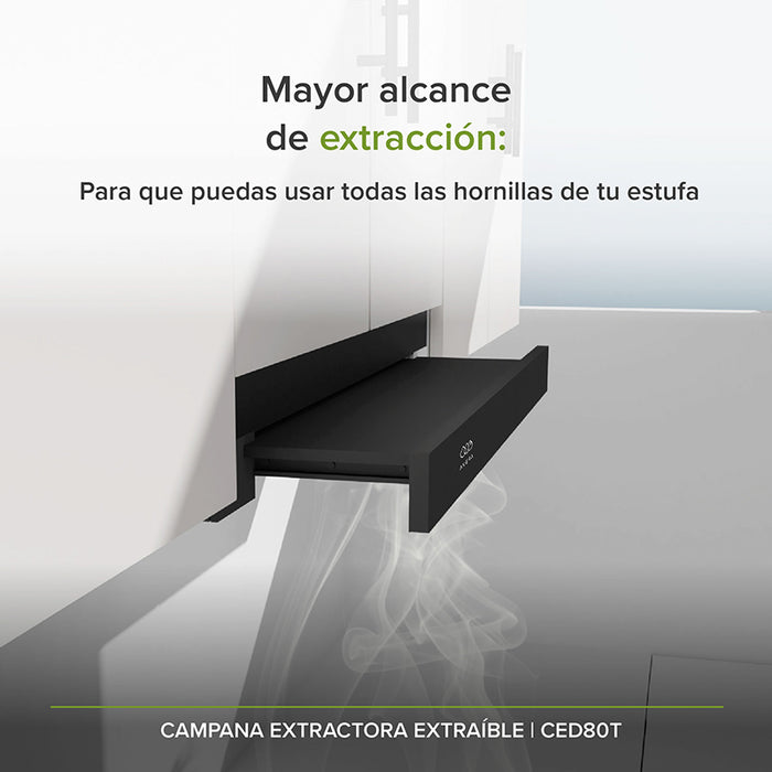 Campana de cocina deslizable empotrada de manera oculta en los gabinetes de la cocina.