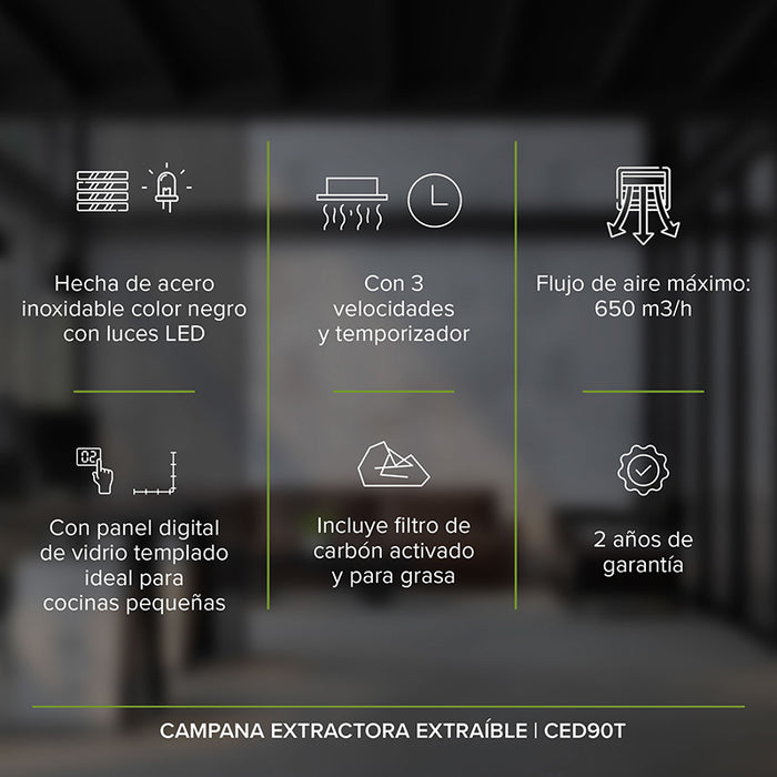 Características de la campana extractora deslizable: 3 velocidades y temporizador, con luces LED, filtro de carbón activado y filtro para grasa.