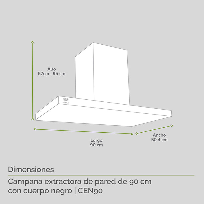 Medidas campana para cocina de acero inoxidable: largo 90cm, alto 57cm, ancho 50.4cm.