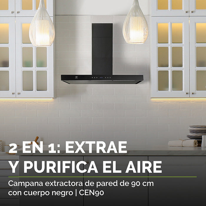 Campana de pared montada en medio de unos gabinetes de una cocina moderna.