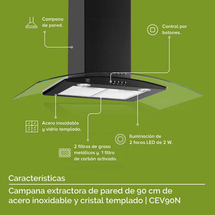 Tricombo Parrilla de gas 2 quemadores 31 cm + Parrilla de inducción 4 quemadores 59 cm + Campana de pared de 90 cm - negro