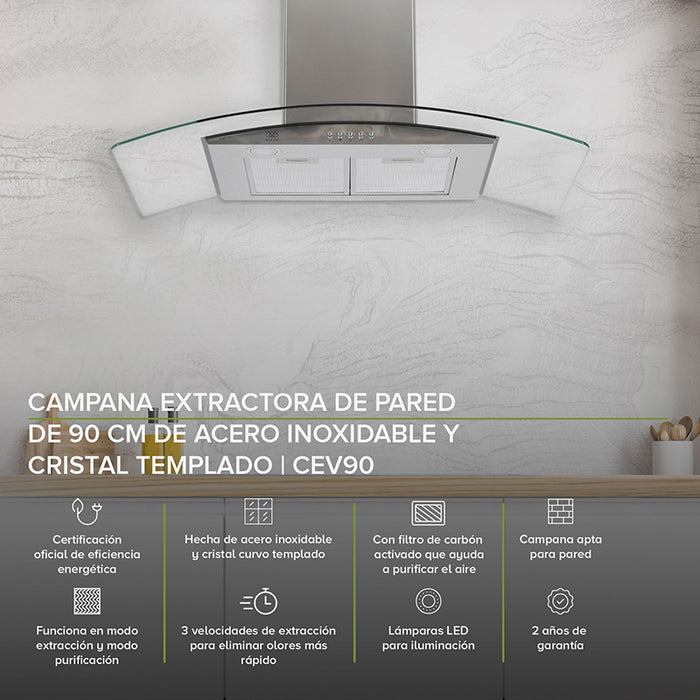 Características campana de cocina para pared: mide 90cm, está hecha con cristal templado curvo y cuerpo de acero inoxidable en color gris.