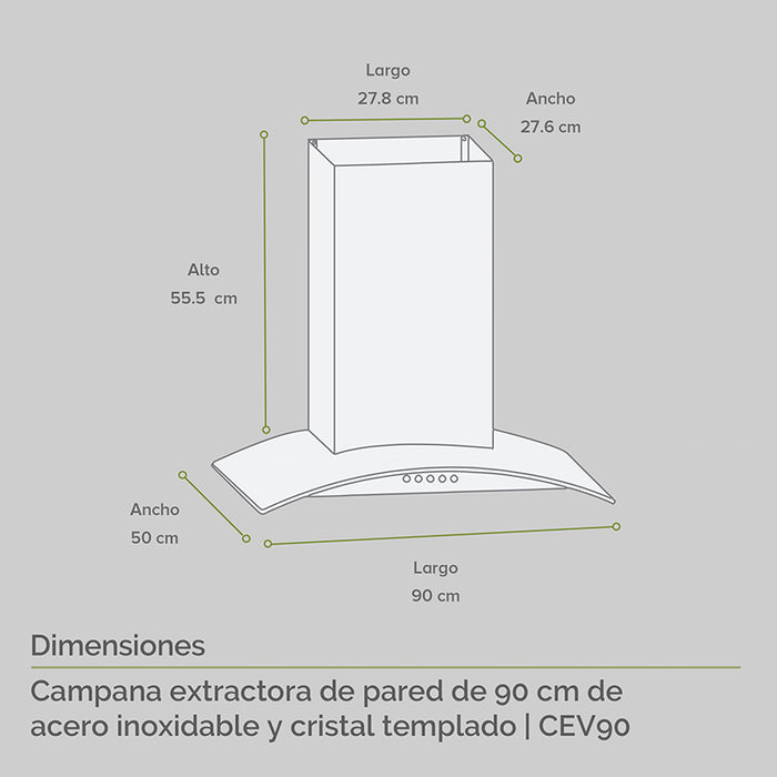Medidas de campana de cocina para pared: largo 90cm, alto 55.5cm, ancho 50cm.