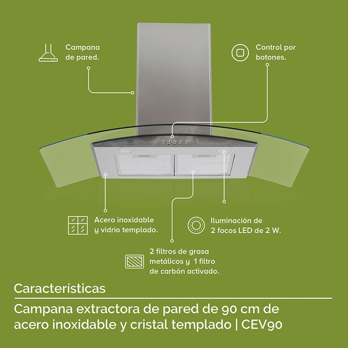 Esta campana de cocina para pared se controla por botones, iluminación LED, 2 filtros de grasa y 1 filtro de carbón activado.