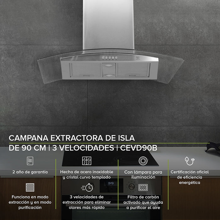 características campana de cocina tipo isla: hecha de acero inoxidable y cristal curvo templado