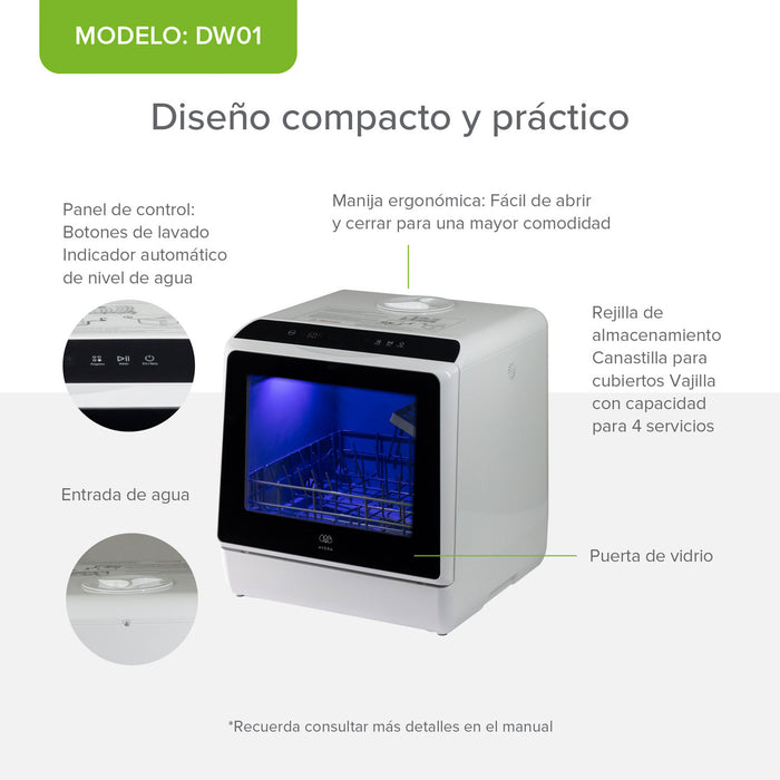 Lavavajillas portátil 5 L, 4 servicios, 5 programas de lavado