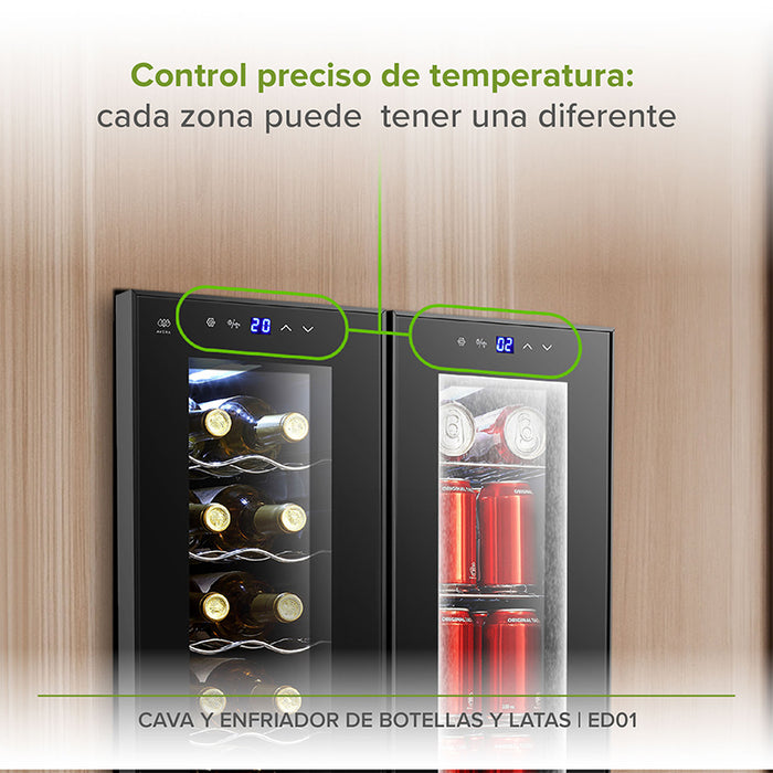 Enfriador de bebidas y cava de vinos con zonas de temperatura independientes.