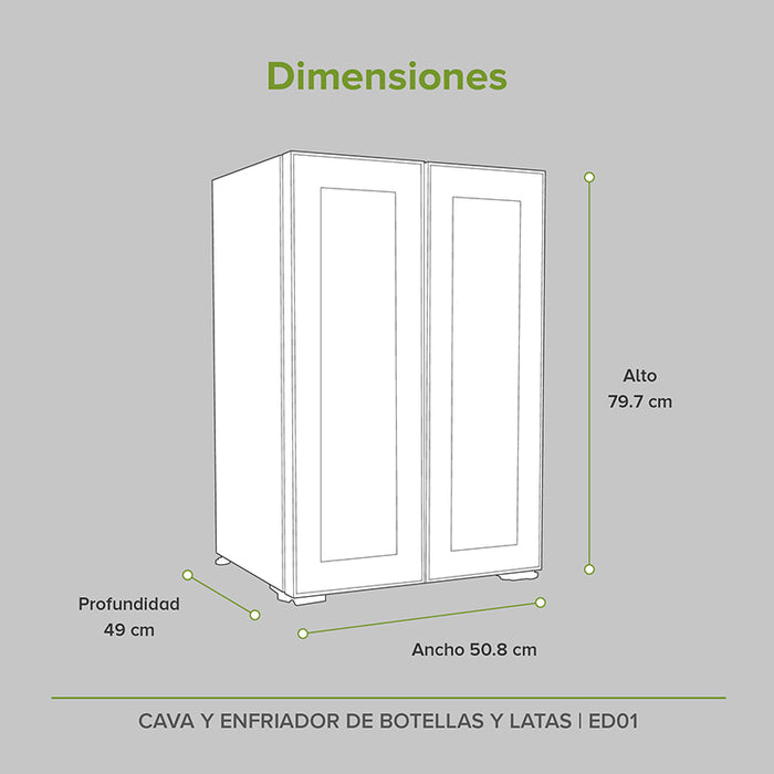 Dimensiones del enfriador con cava: alto 79.7cm, profundidad 49cm, ancho 50.8cm