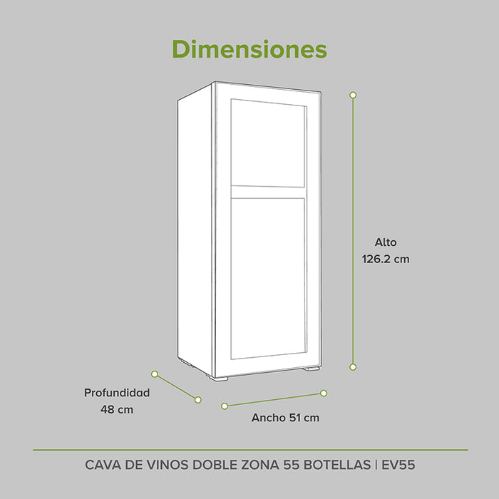 Dimensiones cava grande: alto 126.2cm, ancho 51cm, profundidad 48cm.