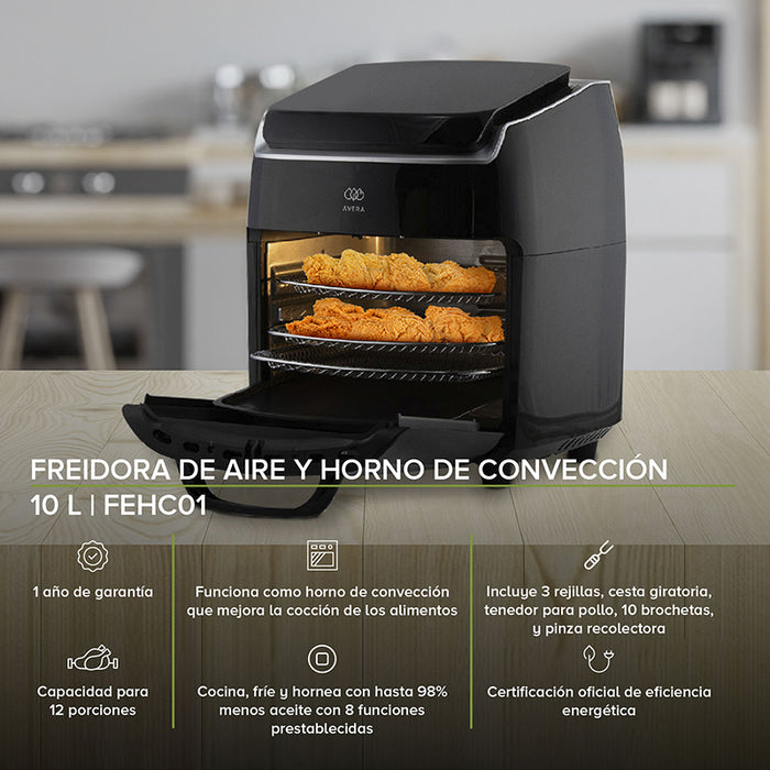 Freidora de aire que funciona también como horno de convección, tiene capacidad para 12 porciones.