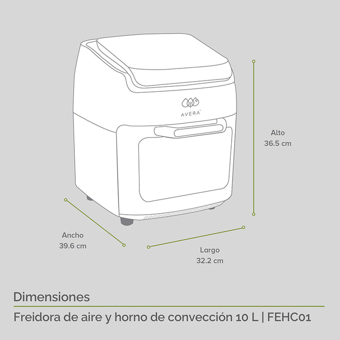 Medidas freidora de aire con horno de convección: alto 36.5cm, ancho 39.6cm, largo 32.2cm.
