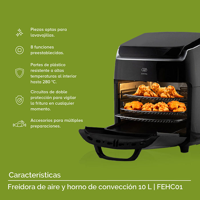Características de la freidora de aire con horno de convección: piezas aptas para lavavajillas, 8 funciones prestablecidas, resistente a altas temperaturas, circuitos de doble protección, incluye accesorios.