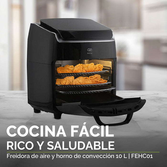 Freidora de aire con horno de convección con comida cocinándose en las rejillas.