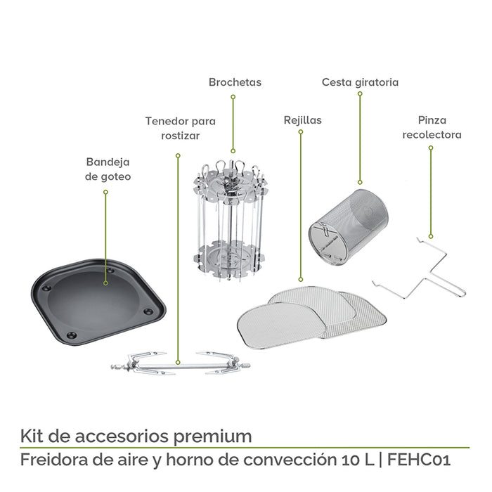 Accesorios de la freidora de aire con horno de convección: bandeja de goteo,, tenedor para rostizar, brochetas, rejilla, cesta giratoria, pinza recolectora.