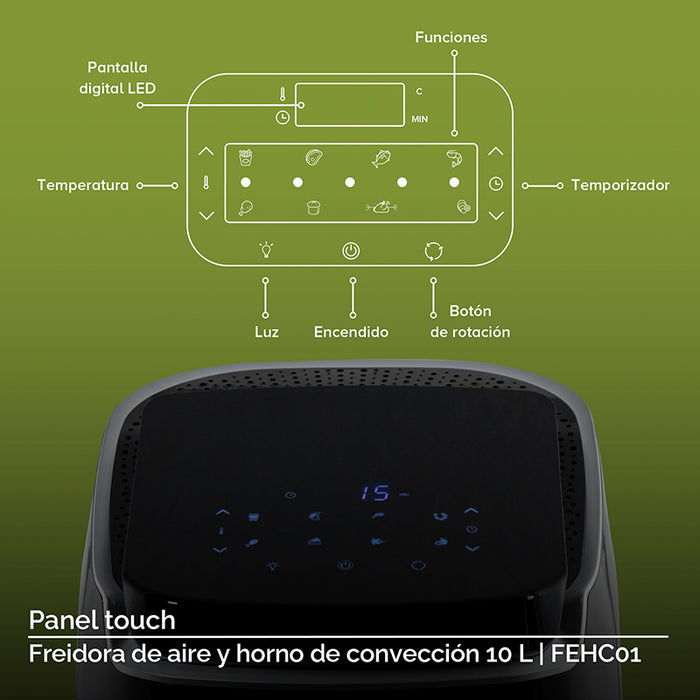 Panel touch de la freidora de aire con horno de convección integrado.