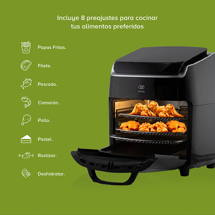 Preajustes de la freidora de aire con horno de convección: papas fritas, filete. pescado, camarón, pollo, pastel, rostizar, deshidratar.