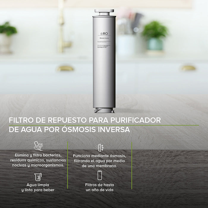 Filtro de repuesto para purificador de agua por ósmosis inversa que elimina y filtra bacterias, residuos químicos y sustancias nocivas.