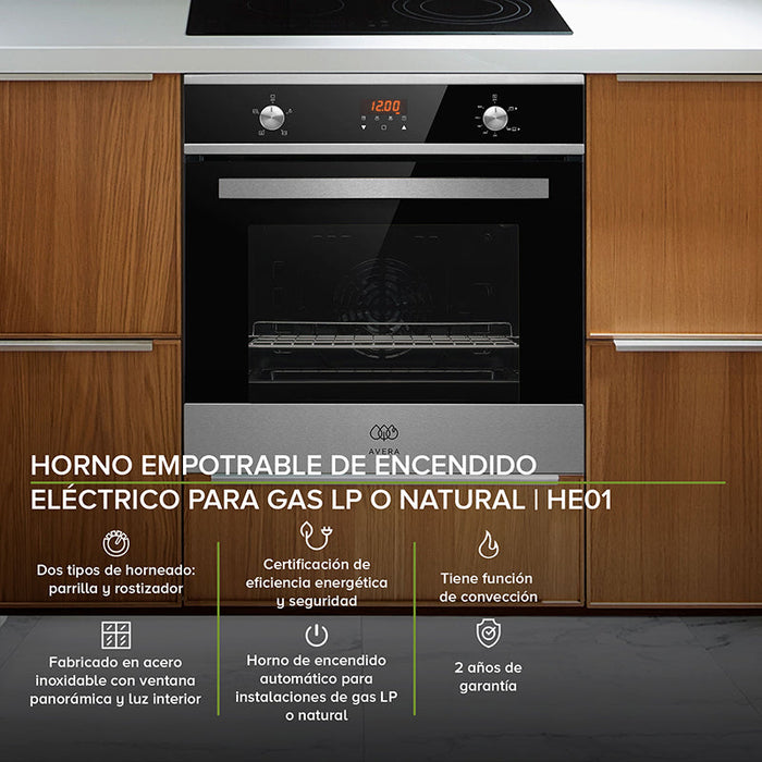Tricombo Parrilla 5 quemadores 77 cm + Campana de isla 76 cm + Horno empotrable para gas LP 60 cm
