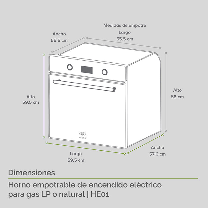 Dimensiones horno de gas empotrable: alto 59.5cm, largo 59.5cm, ancho 57.6cm.