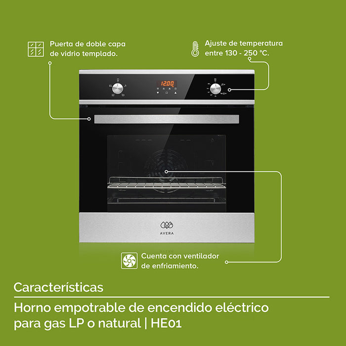 Horno empotrable de encendido eléctrico con puerta de doble capa de vidrio templado y ventilador de enfriador.