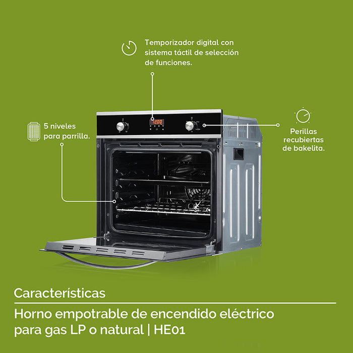 Interior de horno de gas empotrable con 5 niveles para parrillas.