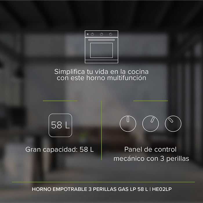 Horno empotrable a gas LP 60 cm con 3 perillas 58 L