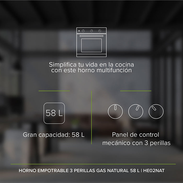 Horno empotrable a gas natural 60 cm con 3 perillas 58 L