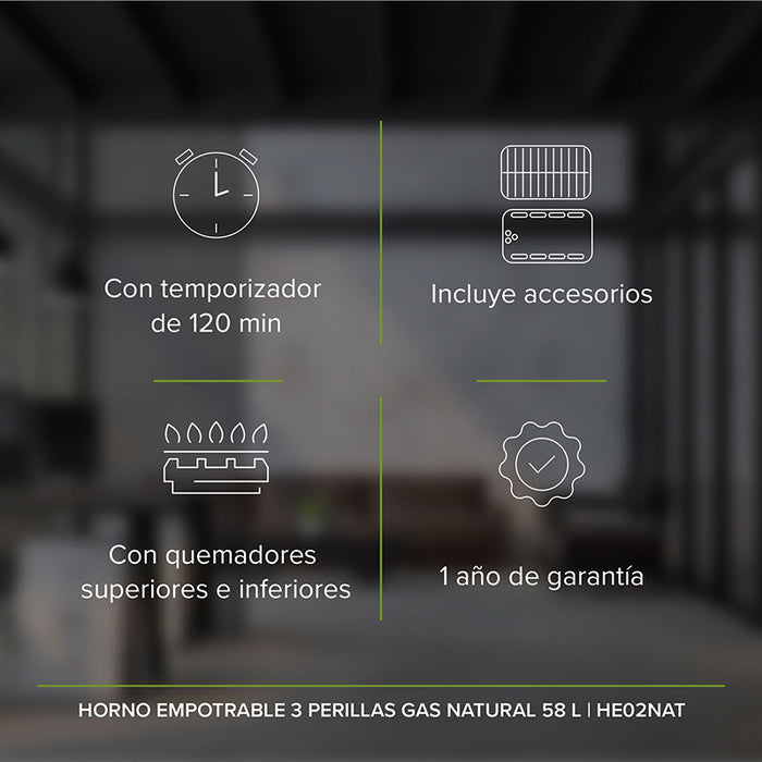 Horno empotrable a gas natural 60 cm con 3 perillas 58 L