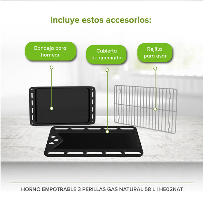 Accesorios del horno de gas: bandeja para hornear, cubierta de quemador y rejilla para asar.