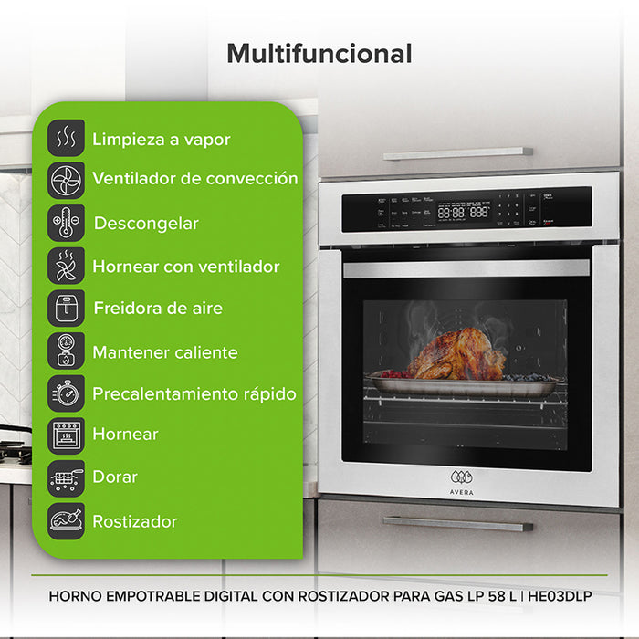 Horno de gas multifuncional: Limpieza a vapor, Ventilador de convección, Descongelar, Hornear con ventilador, Freidora de aire, Mantener caliente, Precalentar,Hornear,Dorar,Rostizador