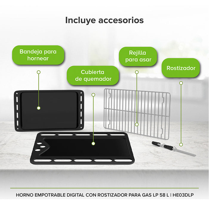 Horno de gas con accesorios: bandeja para hornear, cubierta de quemador, rejilla para asar, rostizador.