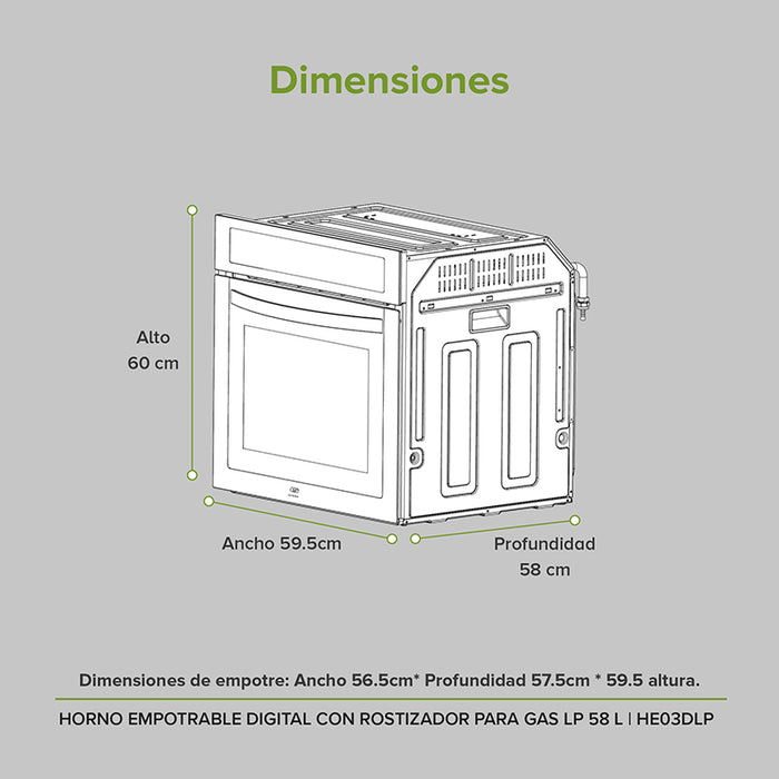 Dimensiones horno de gas empotrable: alto 60cm, ancho 59.5cm, profundidad 58cm.