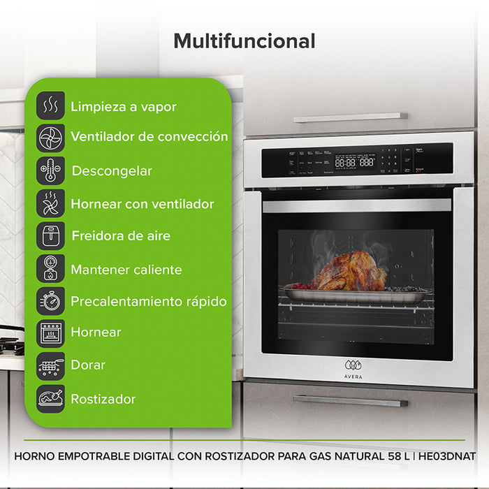 Horno de gas empotrable multifuncional y con limpieza al vapor.