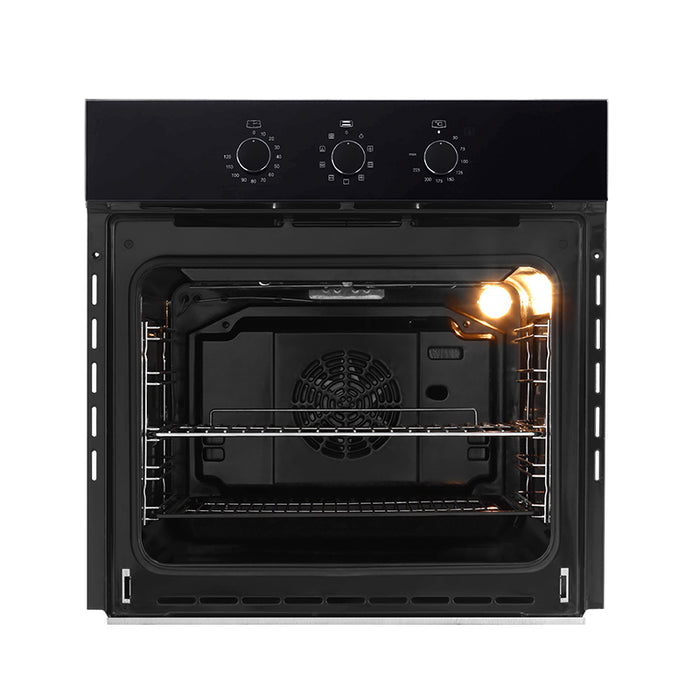 Horno eléctrico empotrable con 2 ventiladores, uno para ventilación y otro para circulación de aire caliente.