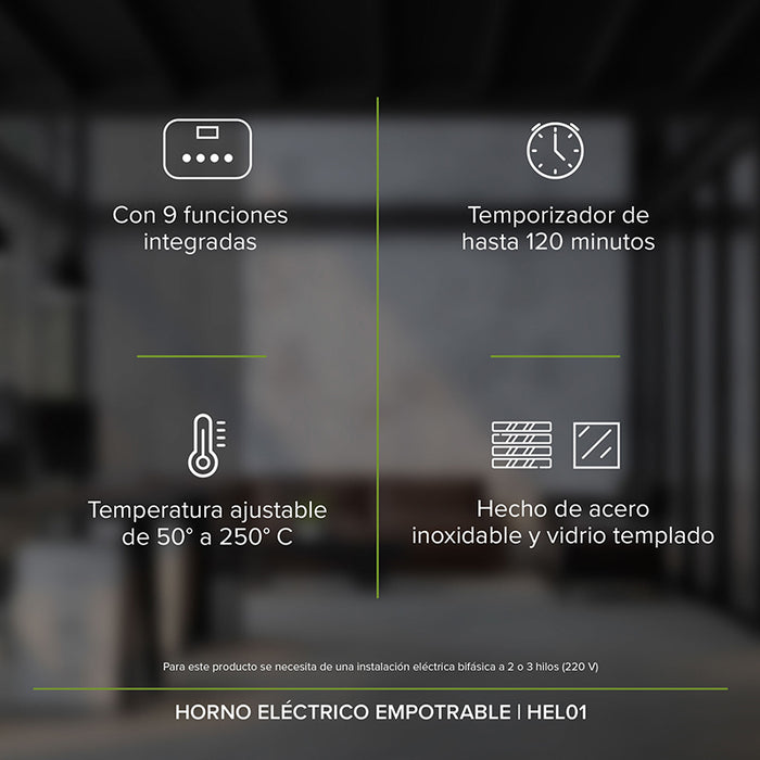 Horno empotrable eléctrico 220 V 59 cm hasta 250° con 9 funciones integradas