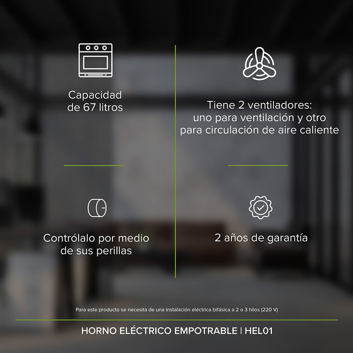 Horno empotrable eléctrico 220 V 59 cm hasta 250° con 9 funciones integradas