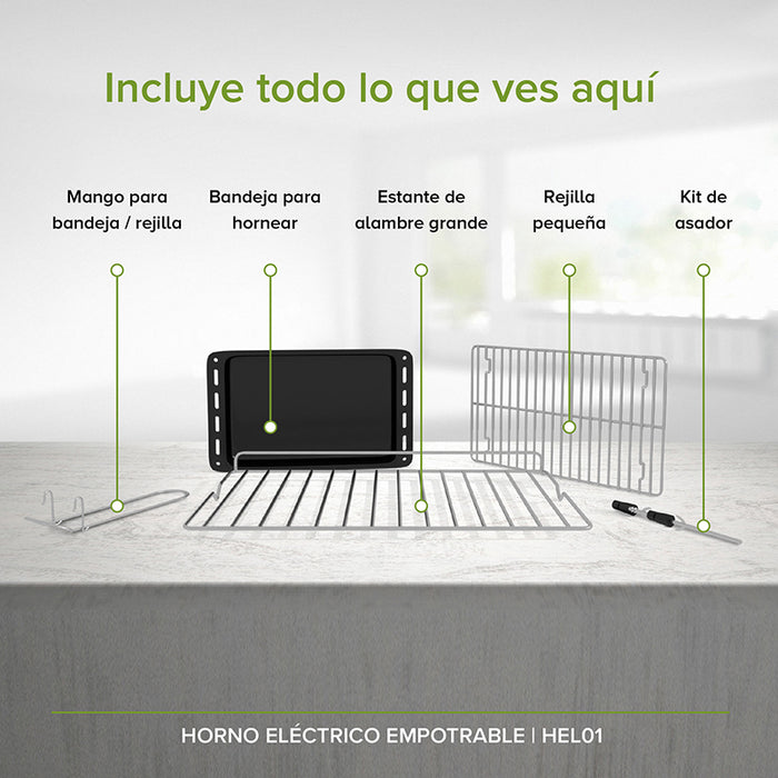 Incluye accesorios: Mango para bandeja/rejilla -  Bandeja para hornear -  Estante de alambre grande  - Rejilla pequeña  - Kit de asador