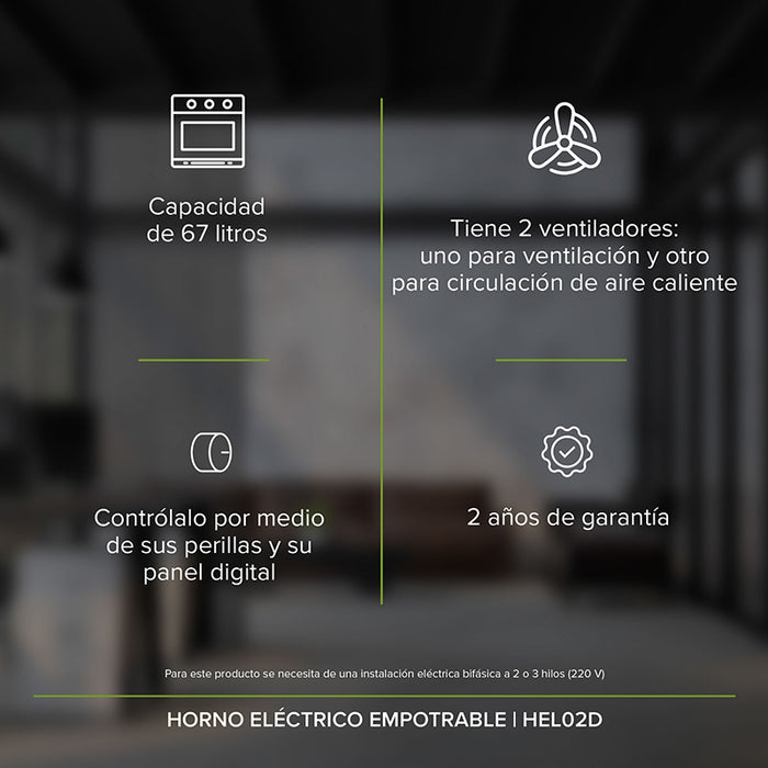 Horno empotrable eléctrico 220 V 59 cm hasta 250° digital con 9 funciones integradas