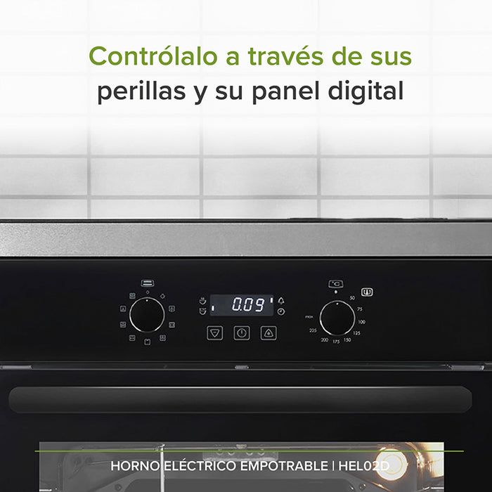 Este horno eléctrico empotrable se puede controlar a través de perillas y panel digital