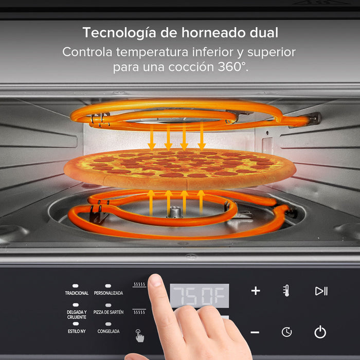 Vista del horno con piedra para pizza incluida para una base crujiente