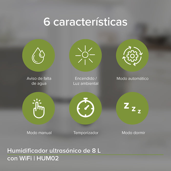 Humidificador ultrasónico de 8 L inteligente WiFi Cobertura 1.8m2
