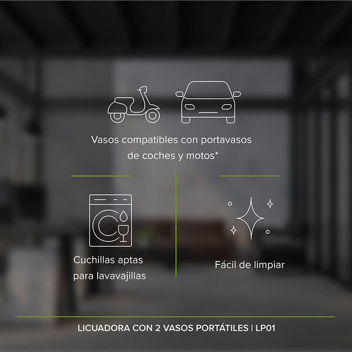 Características de la licuadora portátil: vasos compatibles con portavasos de coches y motos, cuchillas aptas para lavavajillas, es fácil de limpiar.