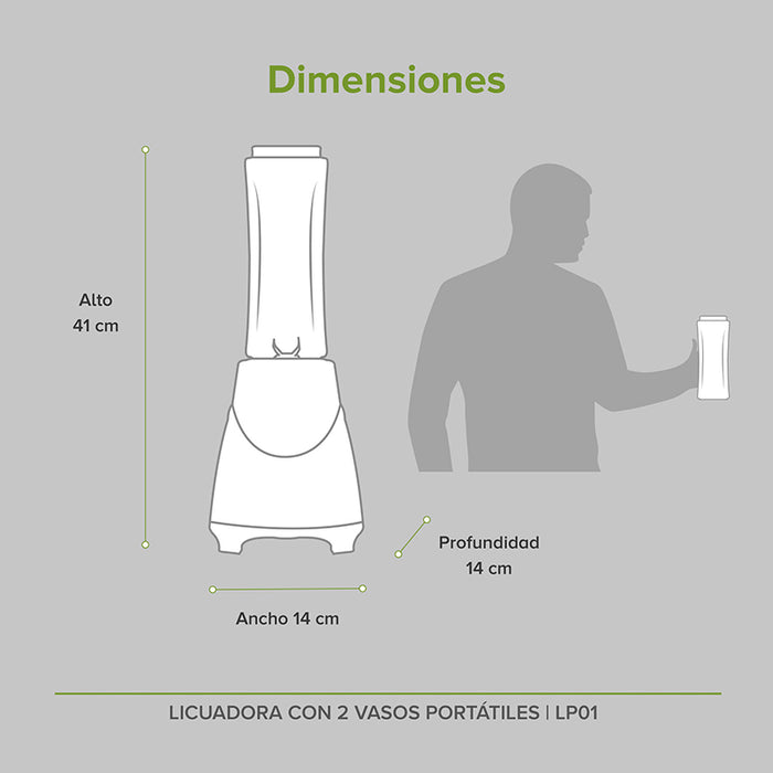 Medidas de la licuadora portátil: alto 41cm (con base), ancho 14cm, profundidad 14cm.