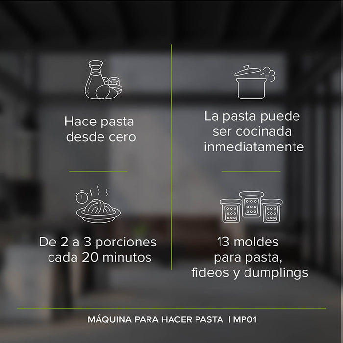 Características de la máquina para hacer pasta: 2 a 3 porciones cada 20 minutos, 13 moldes para pasta, fideos y dumplings.