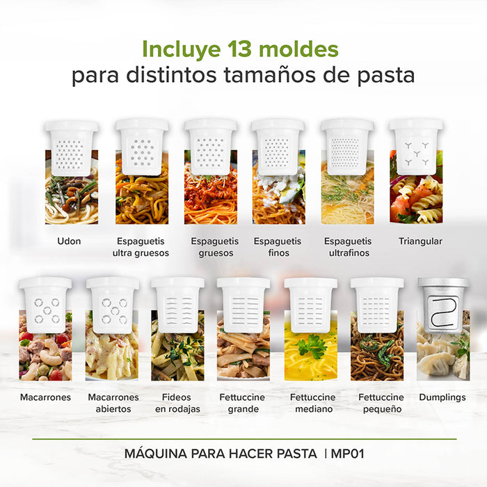 Todos los moldes que incluye la máquina para hacer pasta: udon, espaguetis ultra gruesos, espaguetis gruesos, espaguetis finos, espaguetis ultrafinos, triangular, macarrones, macarrones abiertos, fideos en rodajas, fetuccini mediano, fetuccini pequeño, dumplings.
