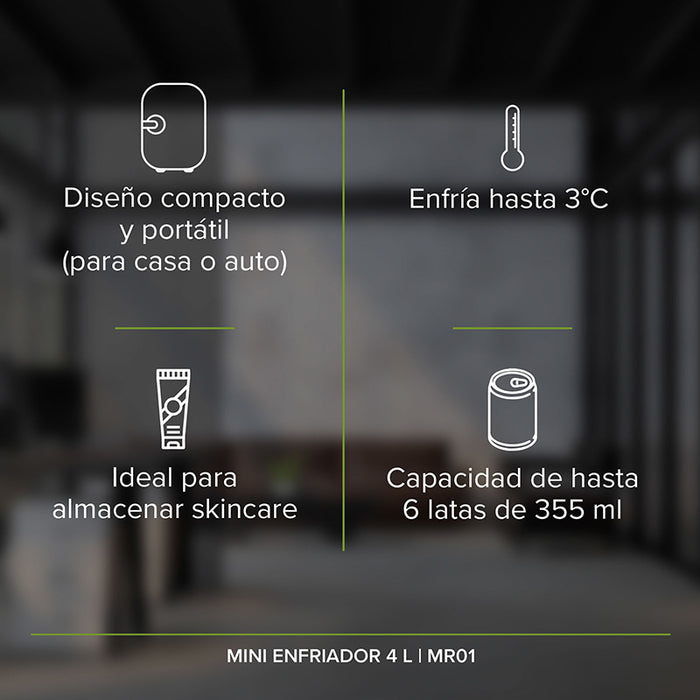 Mini refri diseño compacto, enfría hasta 3°, ideal para almacenar skincare o 6 latas de 355ml.