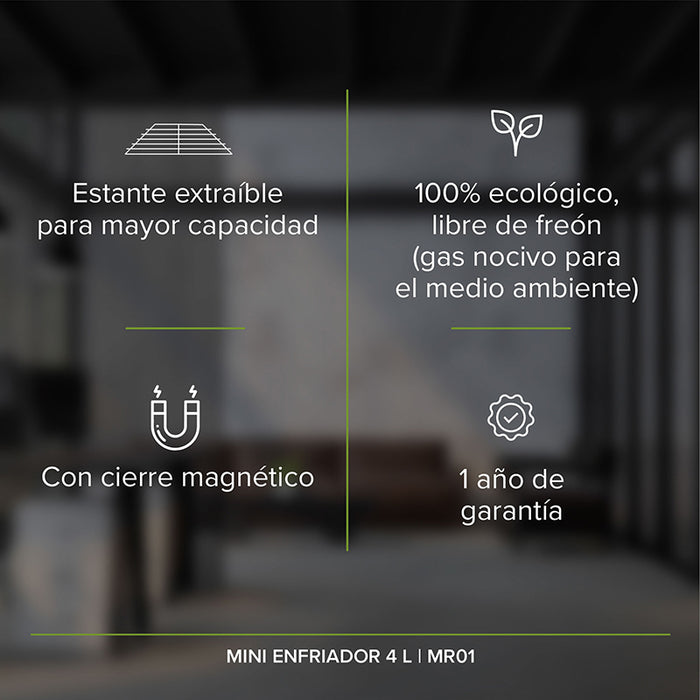 Características mini refri: estante extraíble, cierre magnético 100% ecológico, 1 año de grantía.