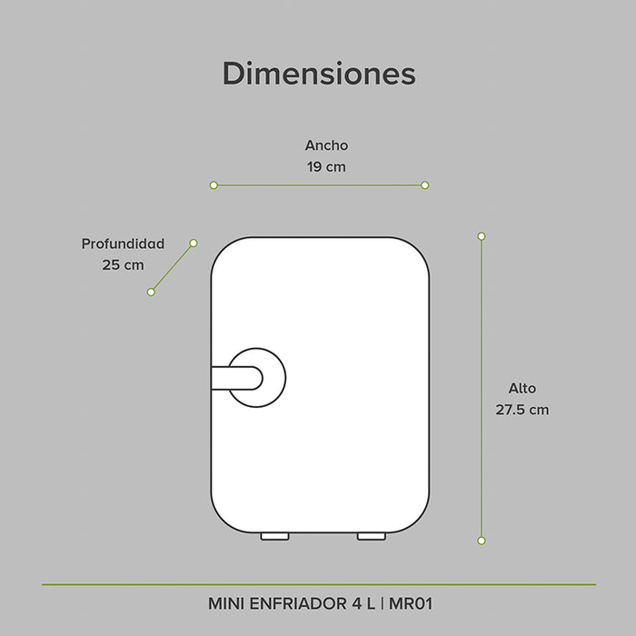 Medidas mini refri: alto 27.5cm, ancho 19cm, profundidad 25cm.