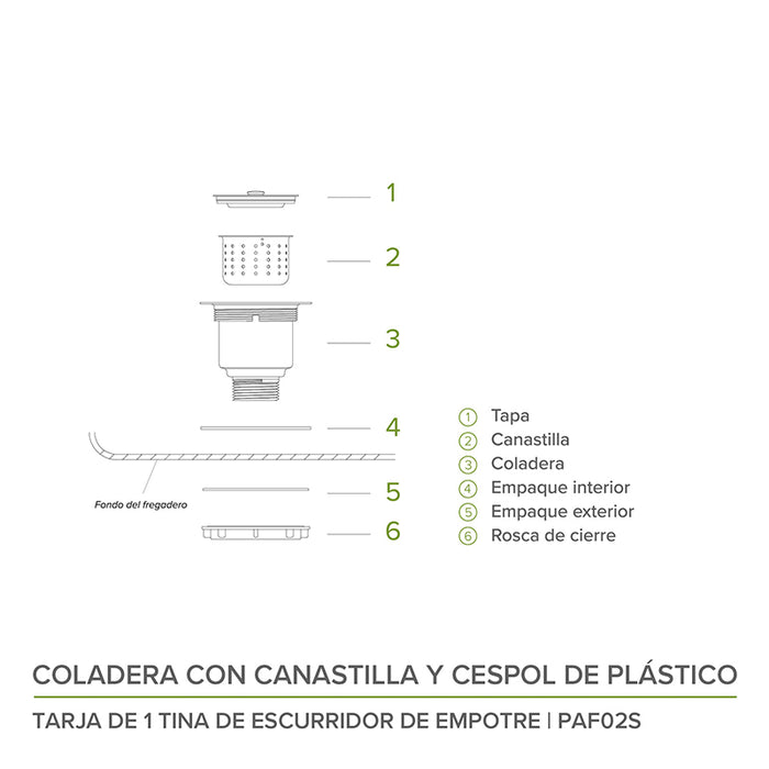 Tarja fregadero de acero inoxidable de empotre – 1 tina con escurridor